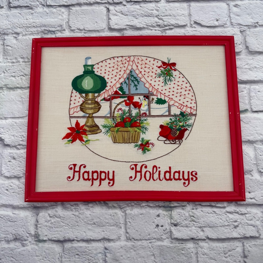 Vintage Hand Embroidered Happy Holidays Christmas Wall Art Red Frame Snowman